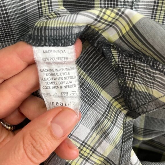 Prana Yellow & Brown Plaid Short Sleeve Shirt with Embroidery Design - Picture 11 of 11